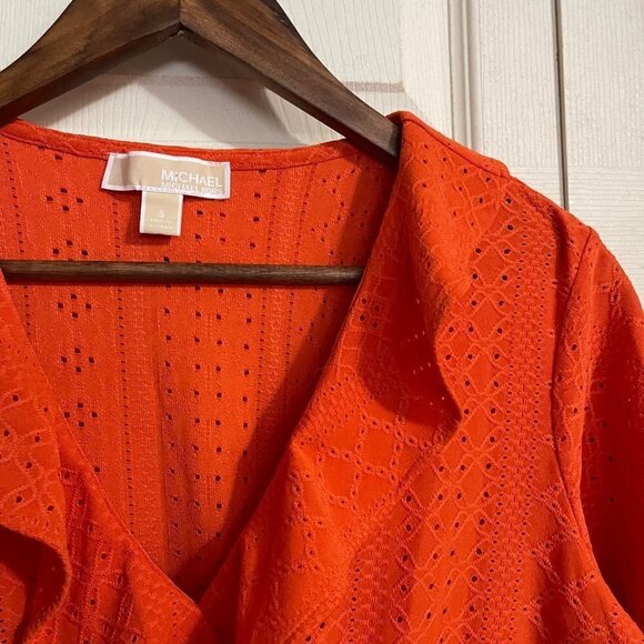 MICHAEL Michael Kors Womens Orange Faux Wrap Eyelet Ruffle Blouse Small - Picture 3 of 6